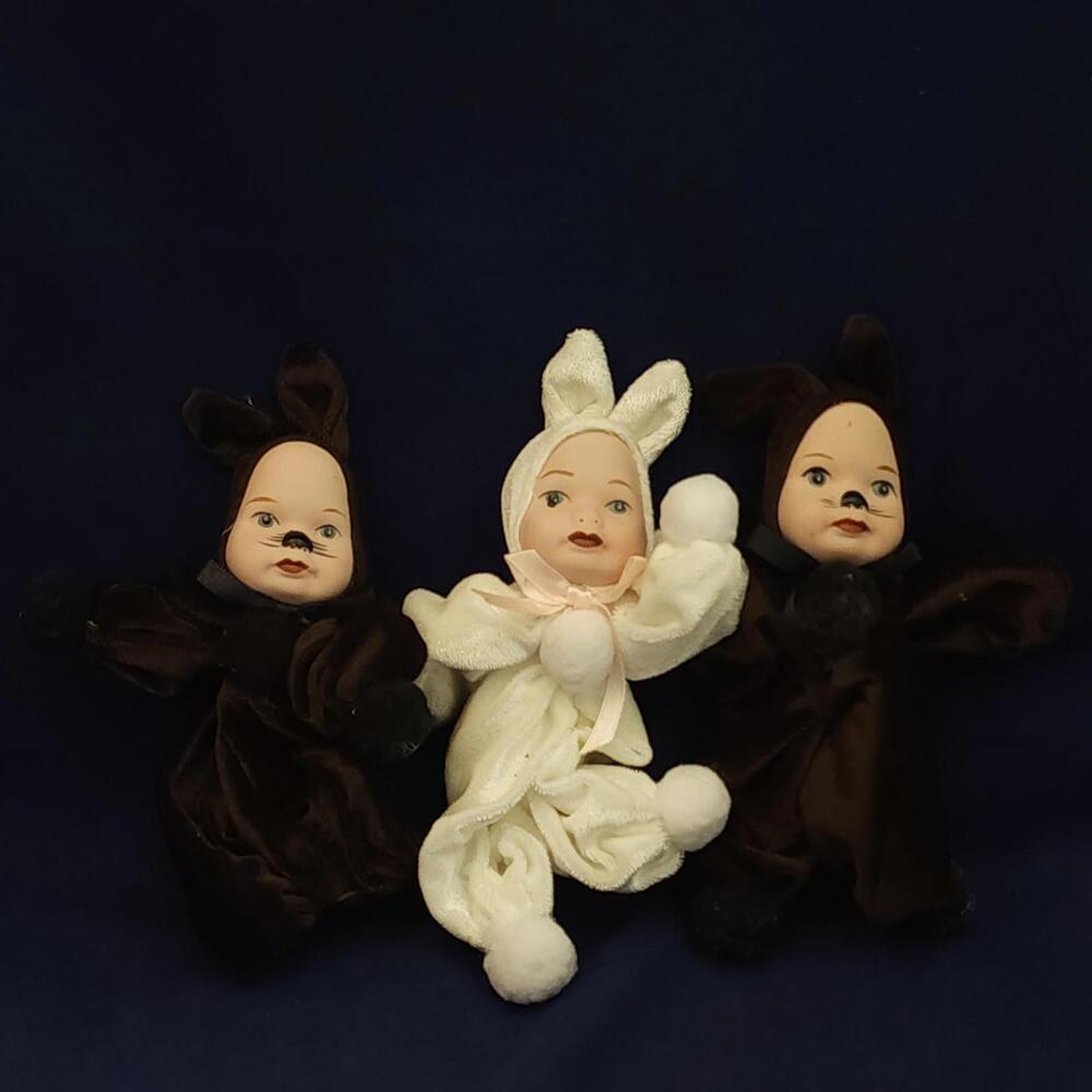 Miniature Bisque Baby Dolls‎ in Bunny Costumes Plush Outfits lot of 3